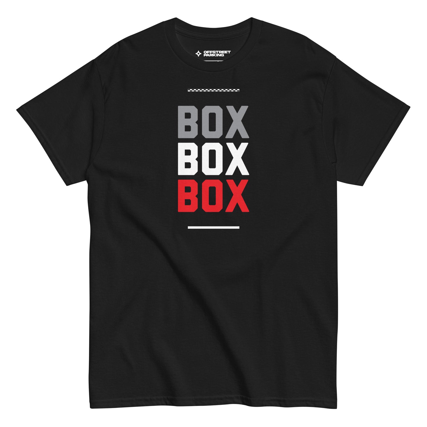 Race Day collection with Box Box Box type on black t-shirt on white background