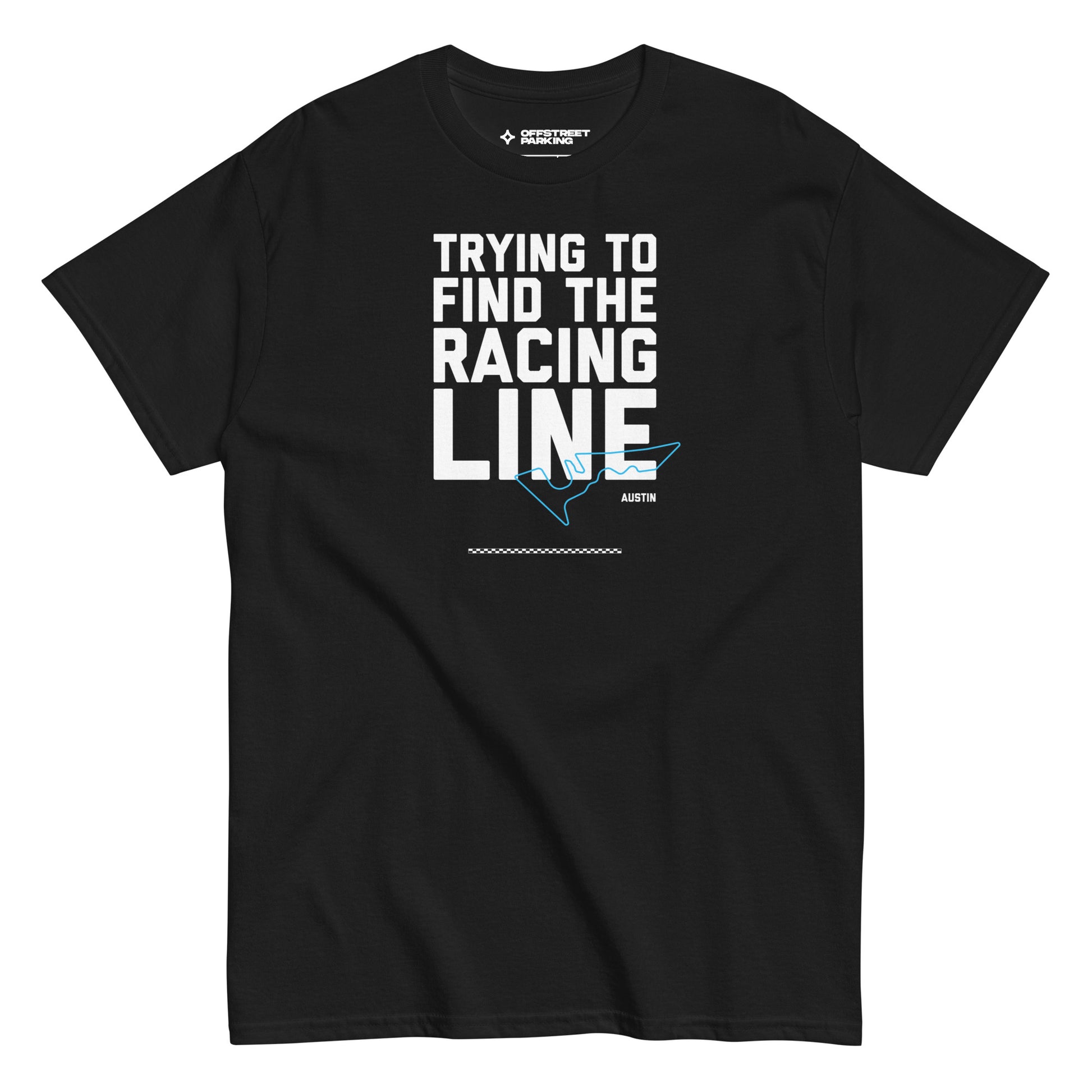 Race Day collection with Trying To Find The Racing Line Austin type and race track graphic on black t-shirt on white background