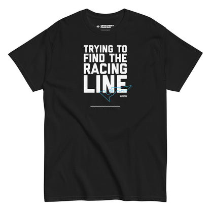 Race Day collection with Trying To Find The Racing Line Austin type and race track graphic on black t-shirt on white background