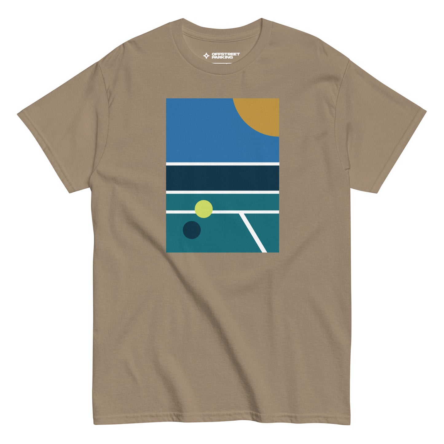 minimalist pickleball court scene on sand t-shirt, front view on white background