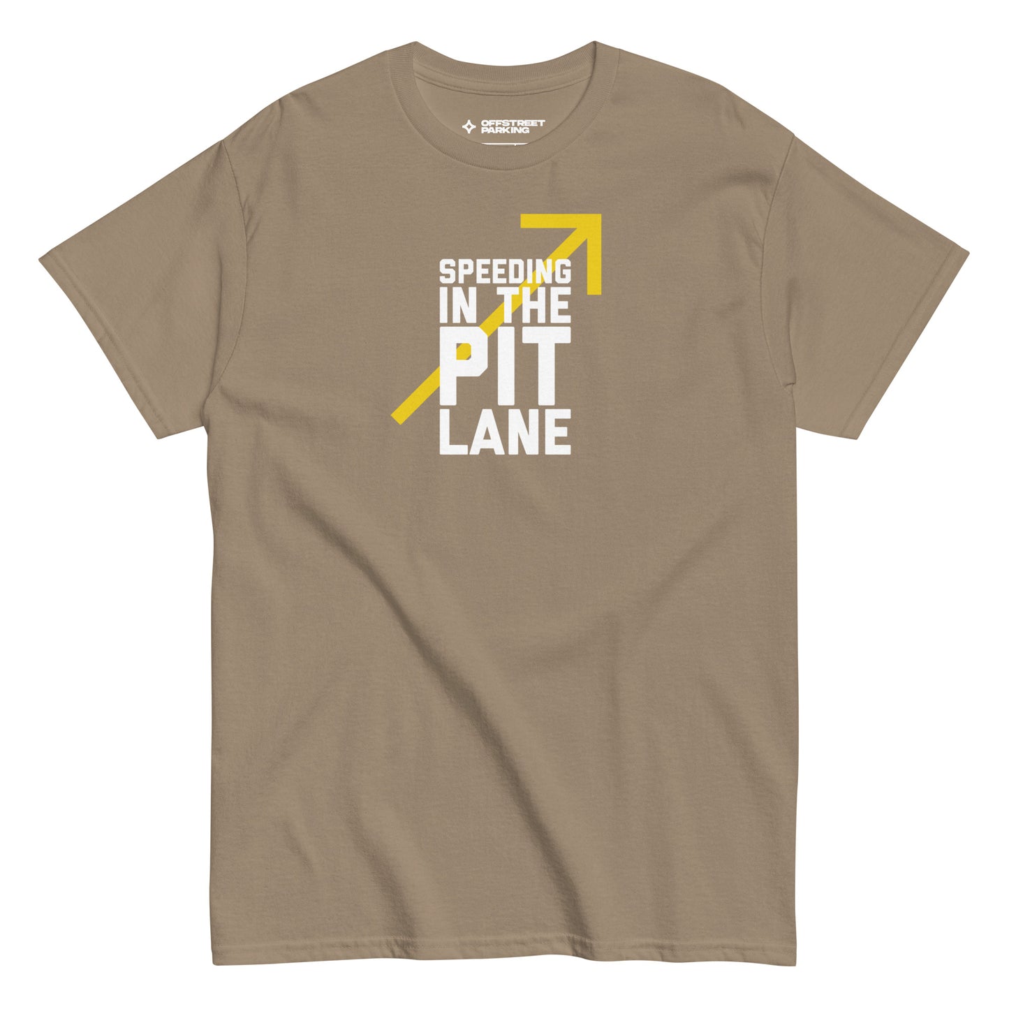 Race Day collection with Speeding In The Pit Lane type on medium brown t-shirt on white background