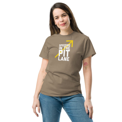 Race Day collection with Speeding In The Pit Lane type on medium brown t-shirt on female model