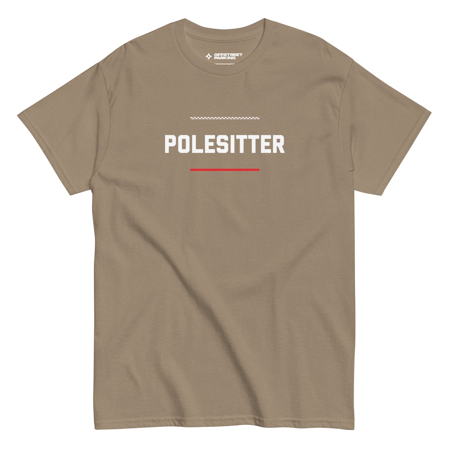 Polesitter text on sand t-shirt, front view on white background