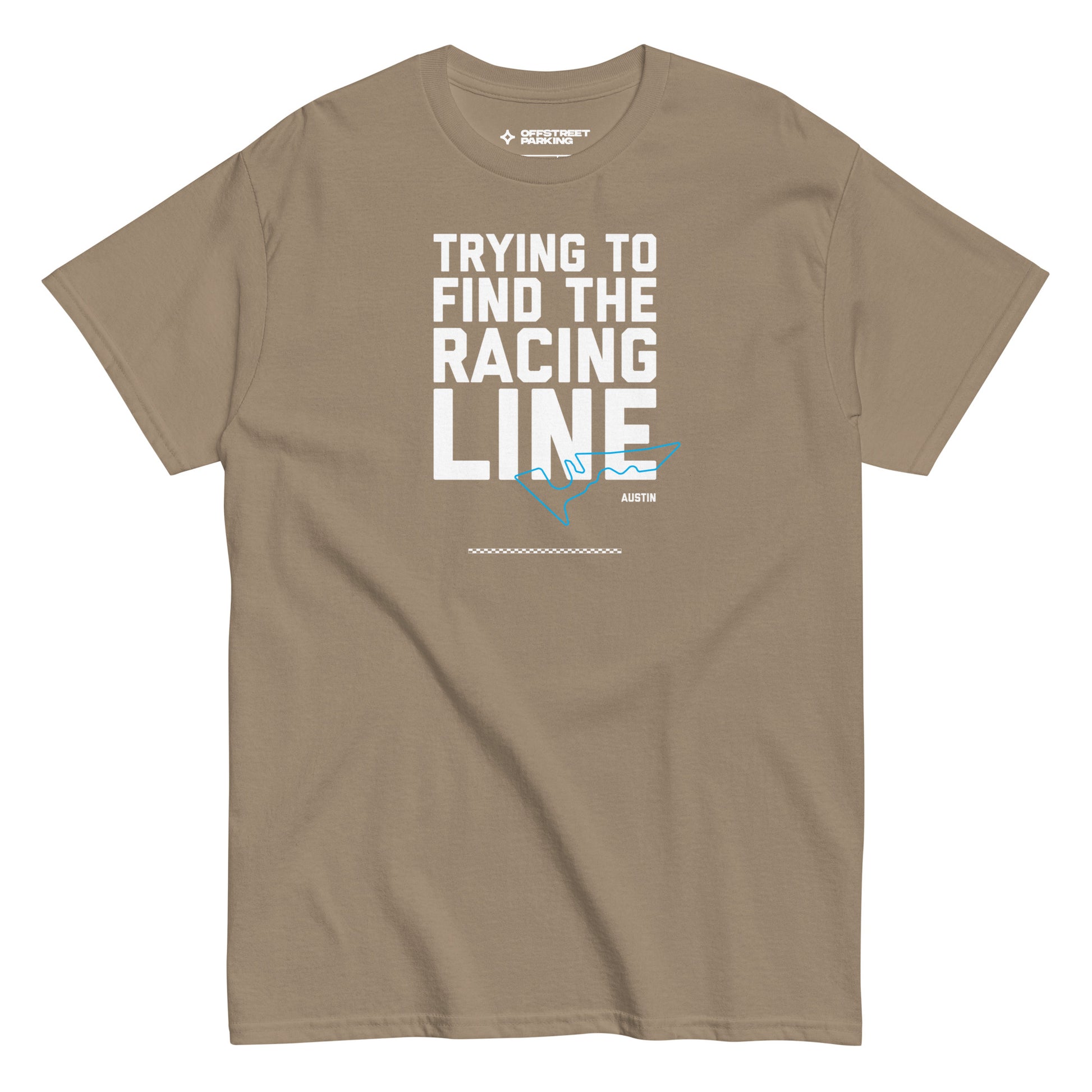 Race Day collection with Trying To Find The Racing Line Austin type and race track graphic on beige t-shirt on white background