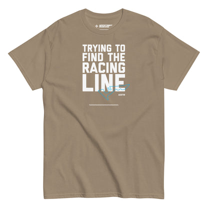 Race Day collection with Trying To Find The Racing Line Austin type and race track graphic on beige t-shirt on white background