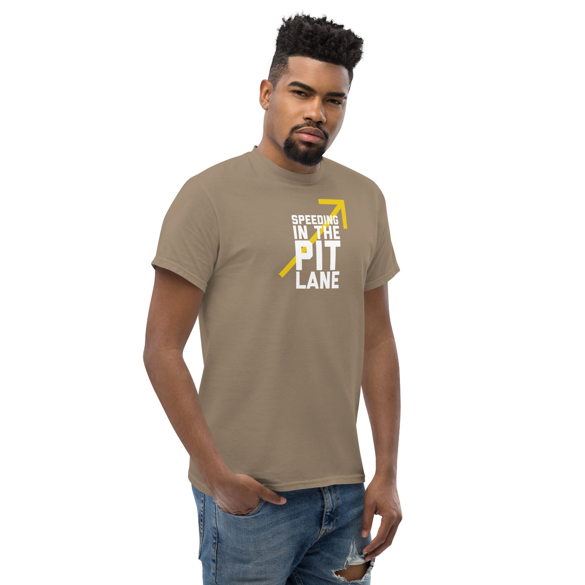 Race Day collection with Speeding In The Pit Lane type on medium brown t-shirt on male model