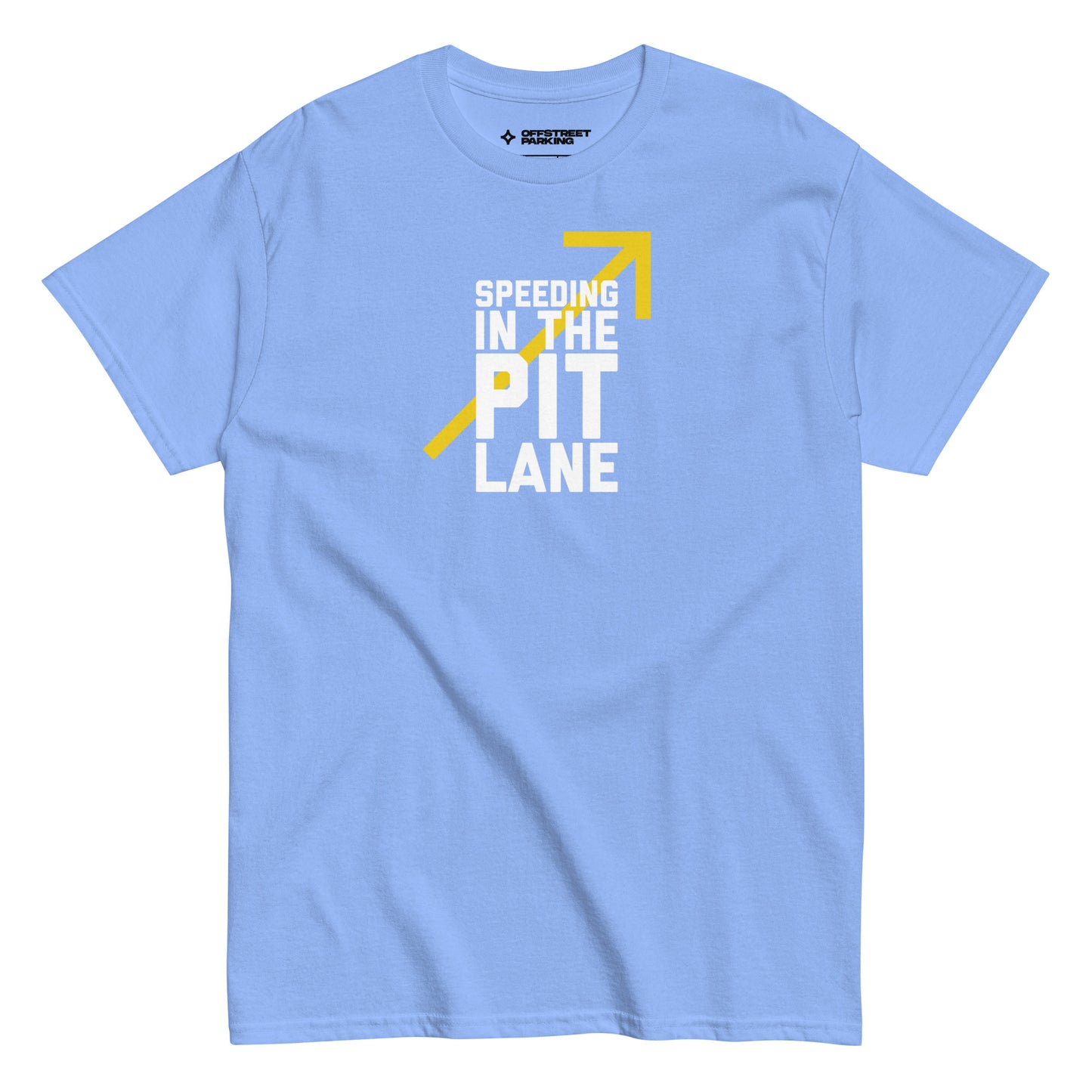 Race Day collection with Speeding In The Pit Lane type on medium blue t-shirt on white background