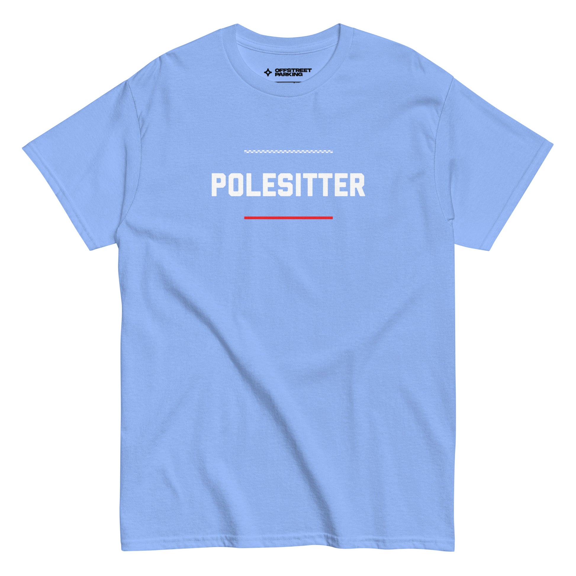 Polesitter text on light blue t-shirt, front view on white background