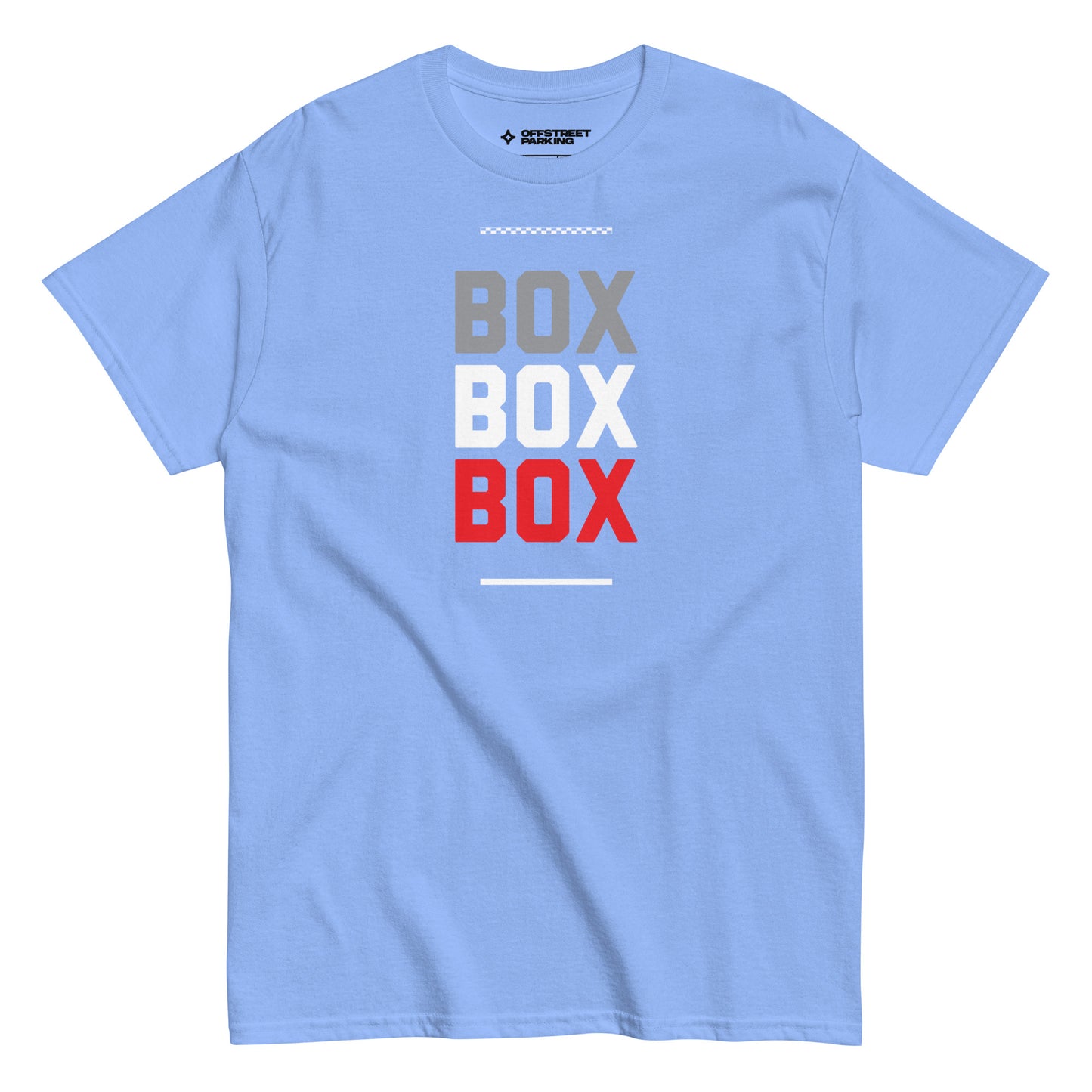 Race Day collection with Box Box Box type on medium blue t-shirt on white background