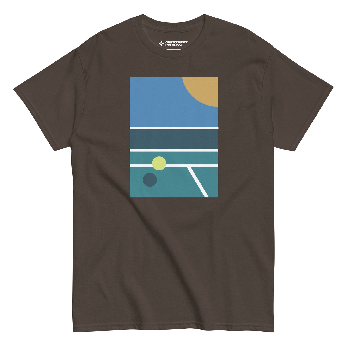 minimalist pickleball court scene on brown t-shirt, front view on white background