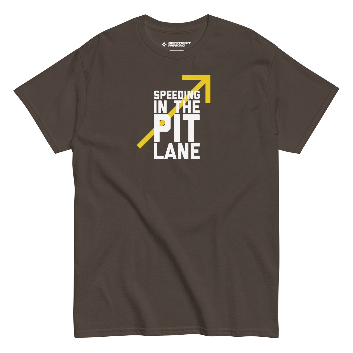 Race Day collection with Speeding In The Pit Lane type on dark brown t-shirt on white background