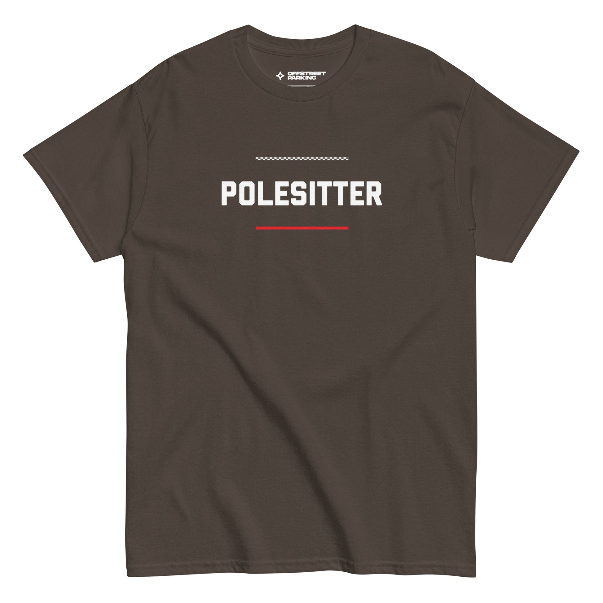 Polesitter text on brown t-shirt, front view on white background