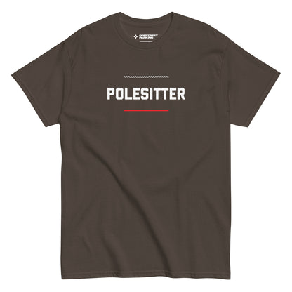 Polesitter text on brown t-shirt, front view on white background