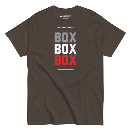 Race Day collection with Box Box Box type on dark brown t-shirt on white background