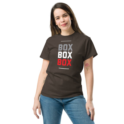 Race Day collection with Box Box Box type on dark brown t-shirt on female model