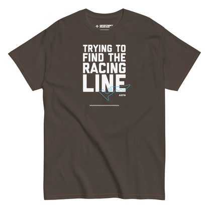 Race Day collection with Trying To Find The Racing Line Austin type and race track graphic on brown t-shirt on white background