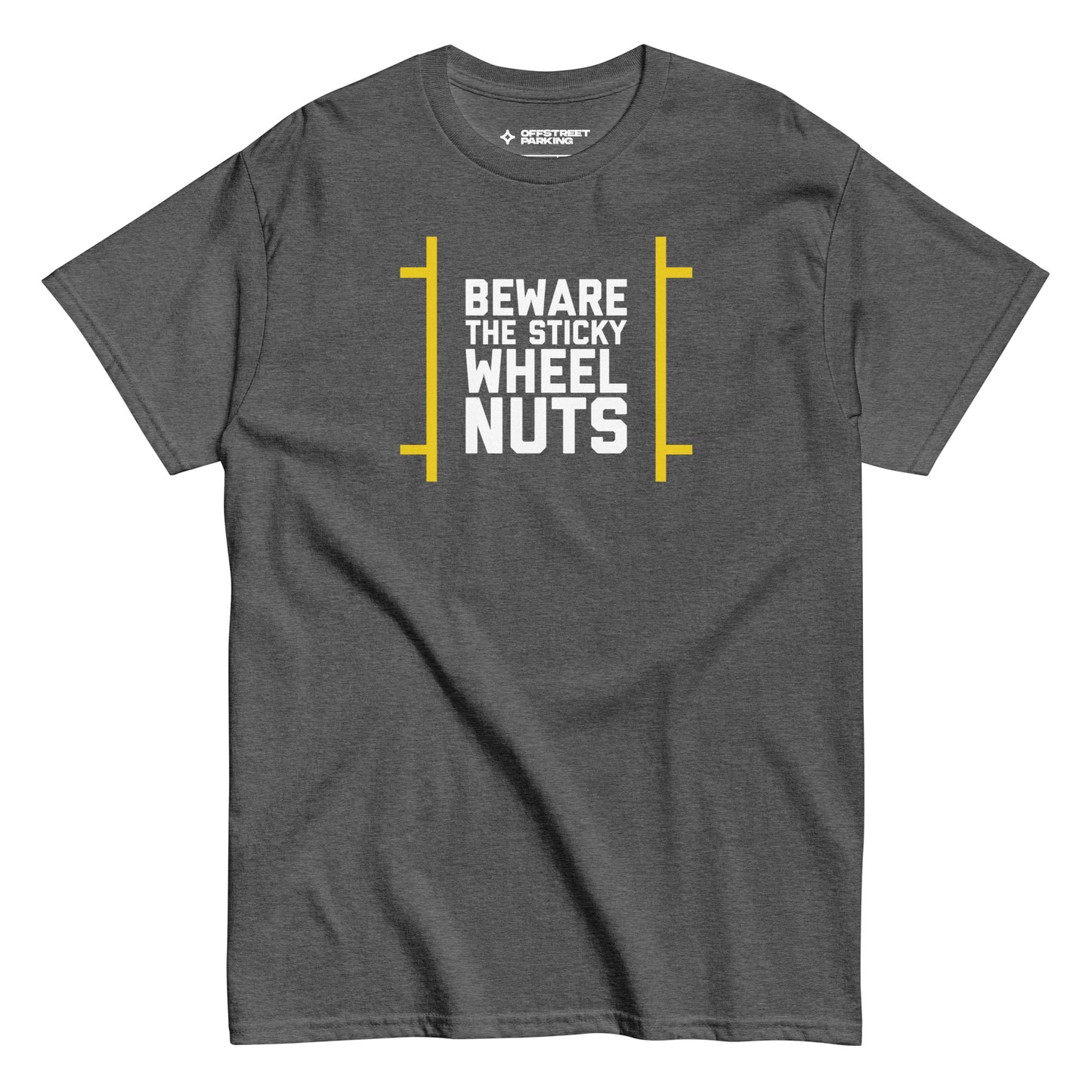 Beware the Sticky Wheel Nuts type on grey heather t-shirt, front view on white background