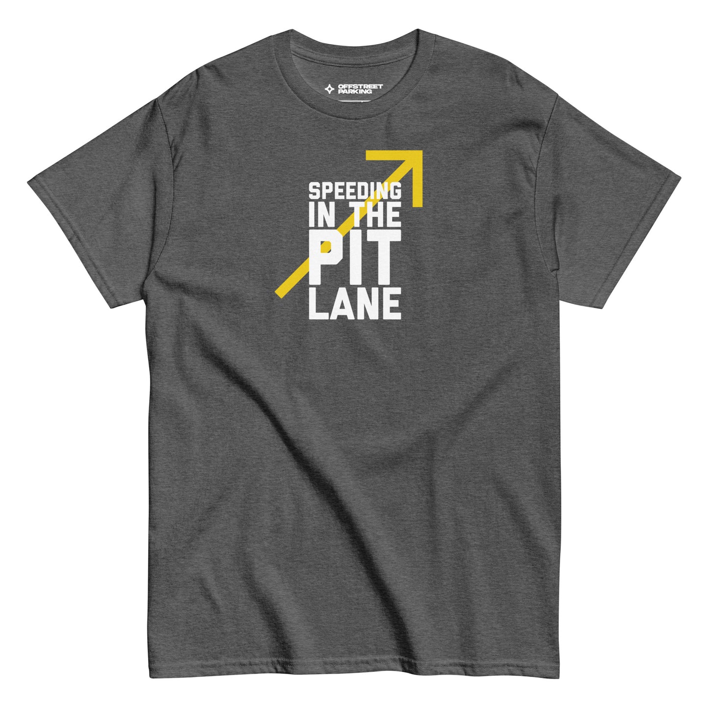 Race Day collection with Speeding In The Pit Lane type on dark grey t-shirt on white background