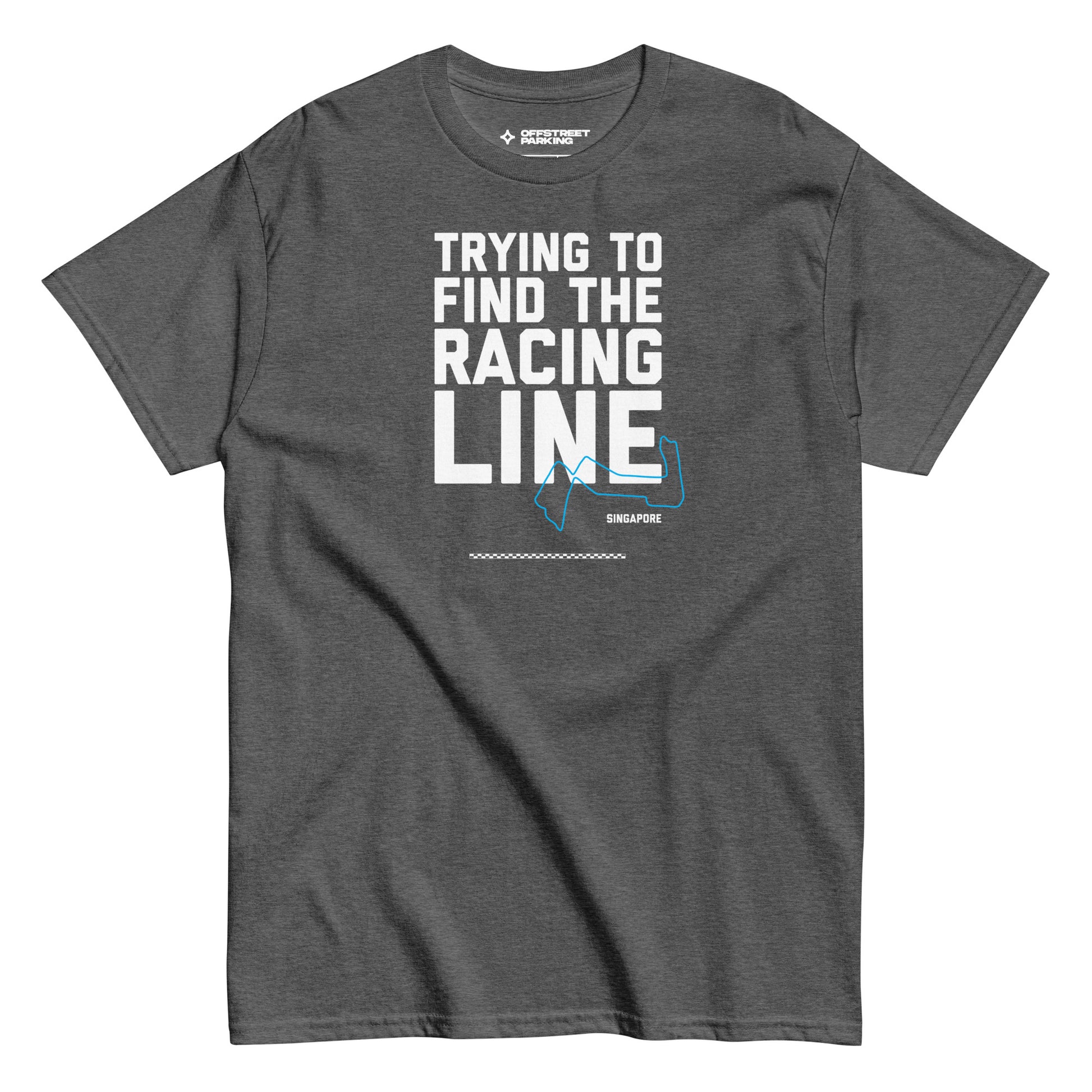 Trying To Find The Racing Line text on light grey heather shirt, front view on white background