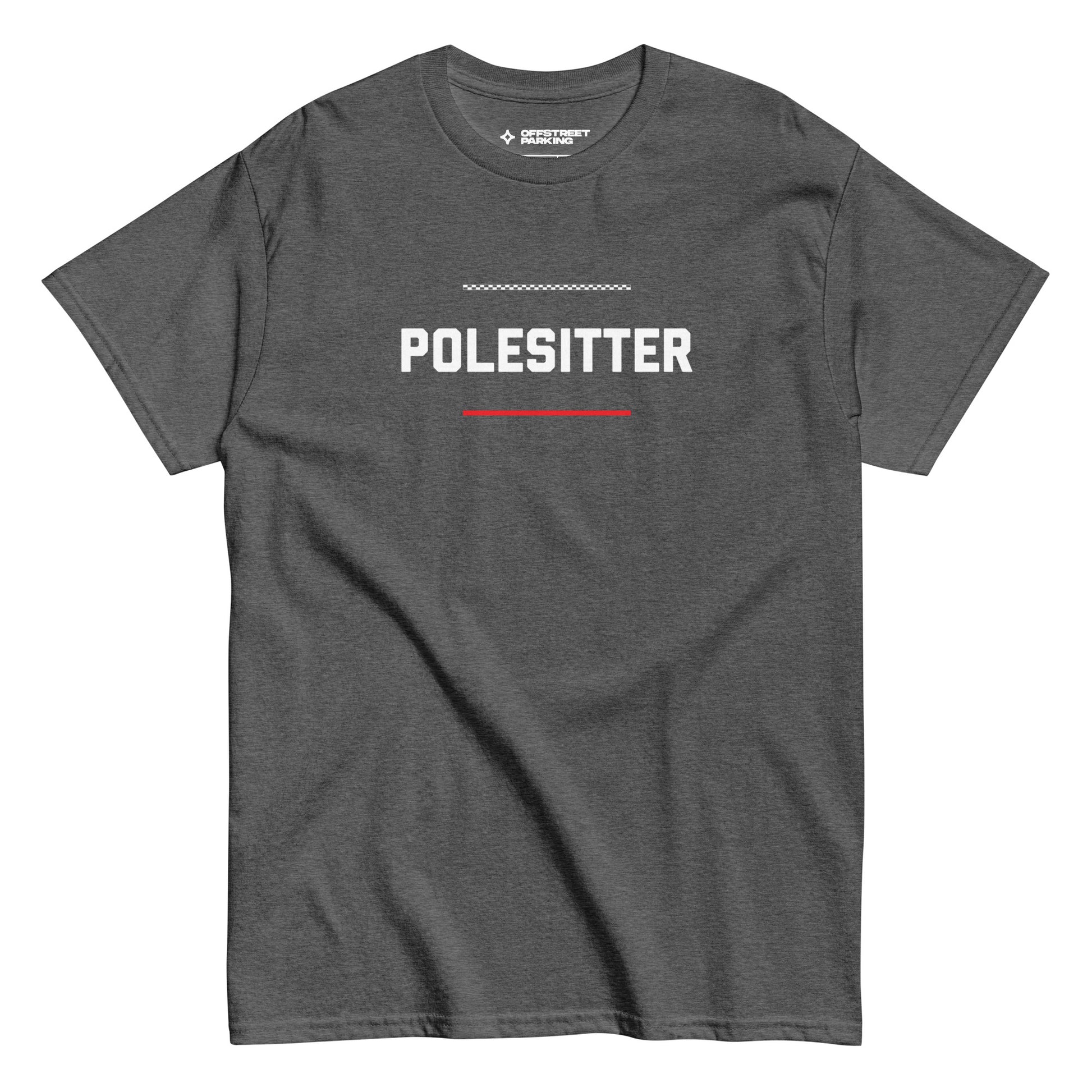 Polesitter text on grey heather t-shirt, front view on white background