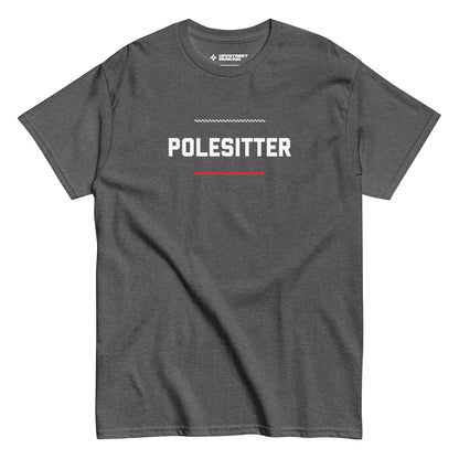 Polesitter text on grey heather t-shirt, front view on white background