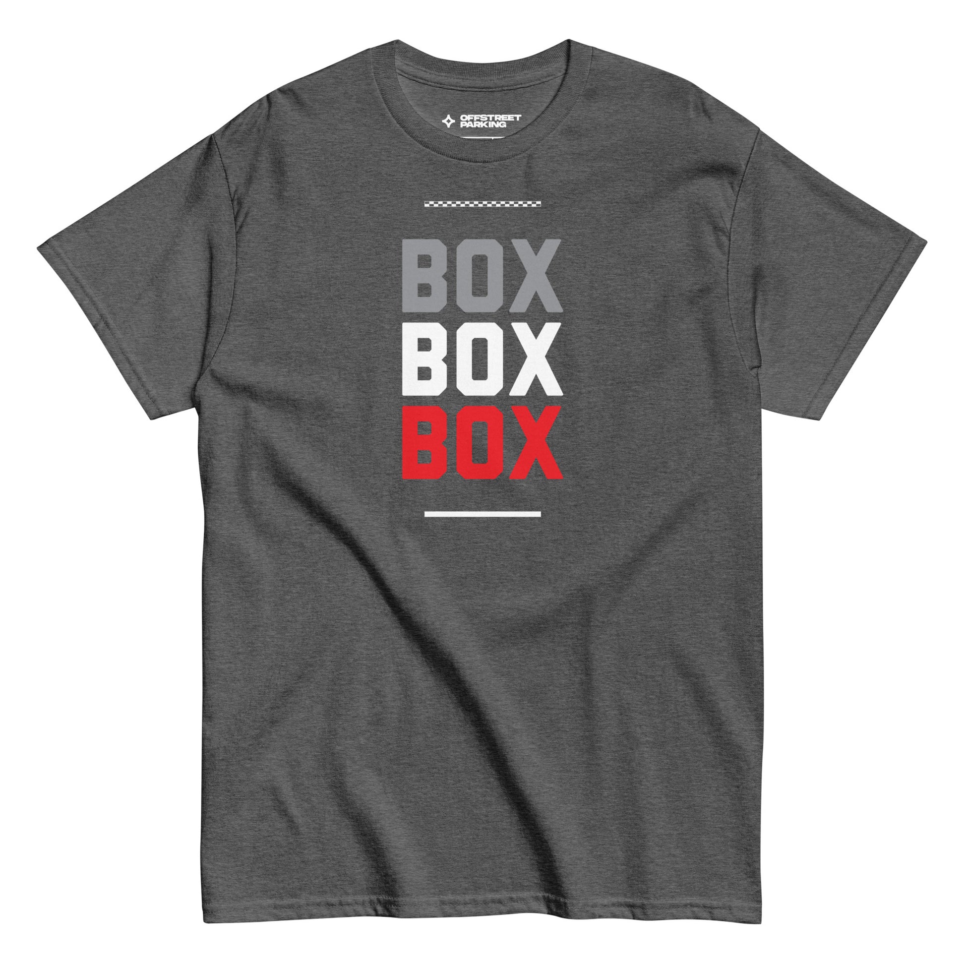 Race Day collection with Box Box Box type on grey t-shirt on white background