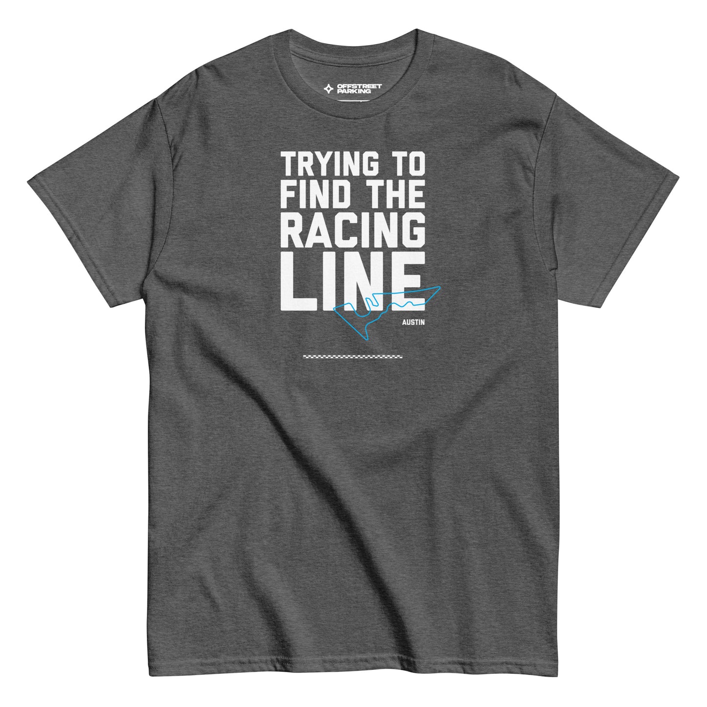 Race Day collection with Trying To Find The Racing Line Austin type and race track graphic on dark grey t-shirt on white background