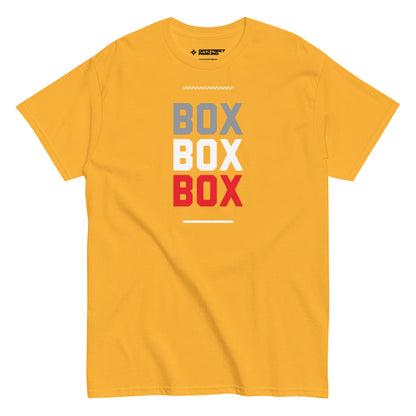 Race Day collection with Box Box Box type on yellow t-shirt on white background