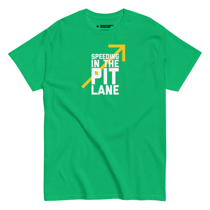 Race Day collection with Speeding In The Pit Lane type on green t-shirt on white background