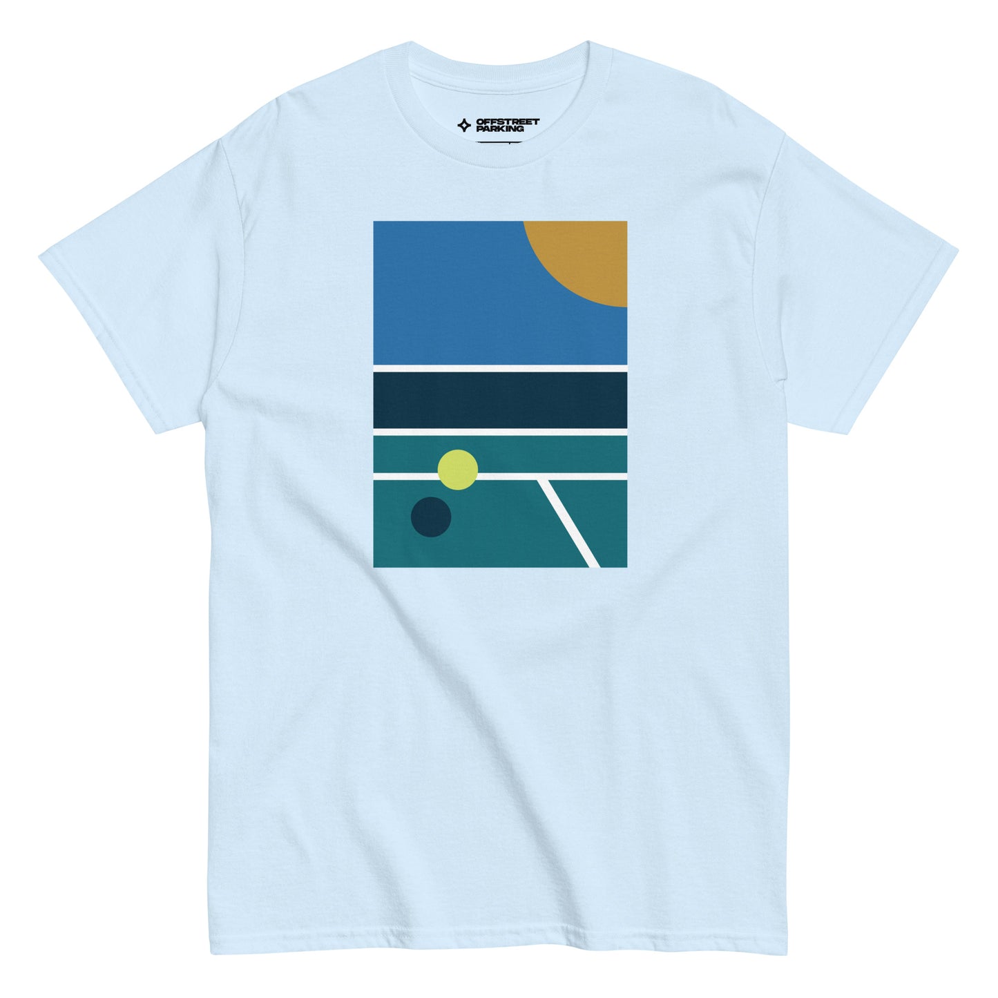 minimalist pickleball court scene on light blue t-shirt, front view on white background