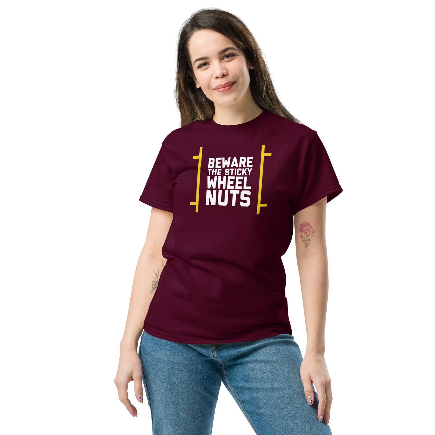 Beware the Sticky Wheel Nuts type on maroon t-shirt, front view on female model