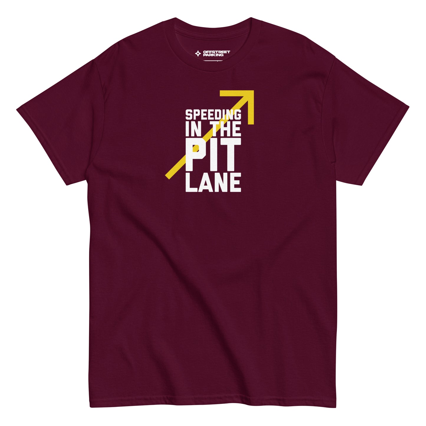 Race Day collection with Speeding In The Pit Lane type on maroon t-shirt on white background