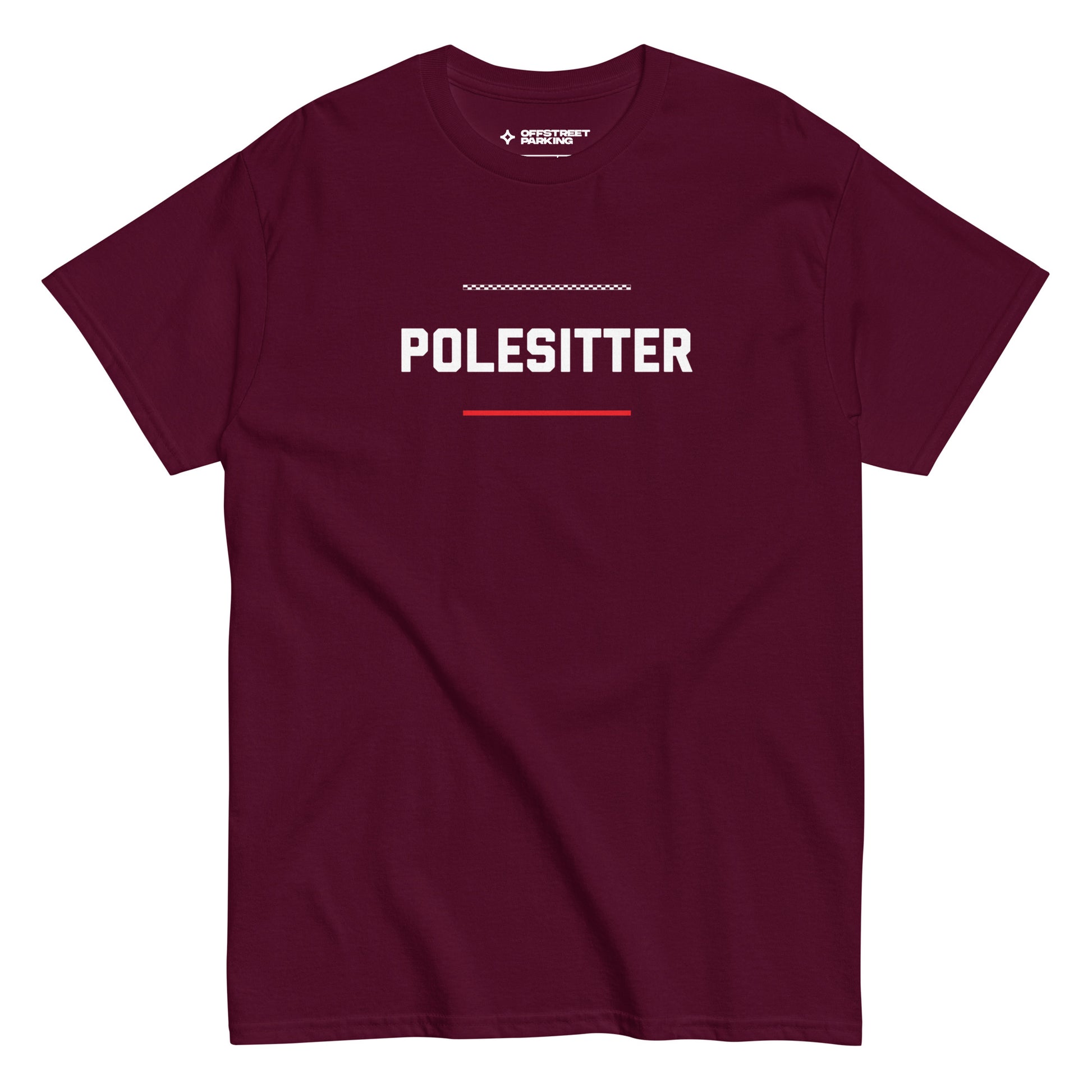 Polesitter text on maroon t-shirt, front view on white background