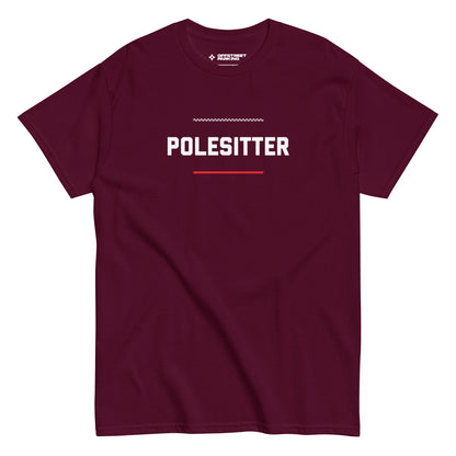 Polesitter text on maroon t-shirt, front view on white background