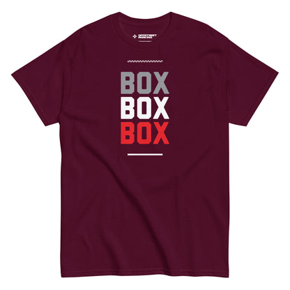 Race Day collection with Box Box Box type on maroon t-shirt on white background