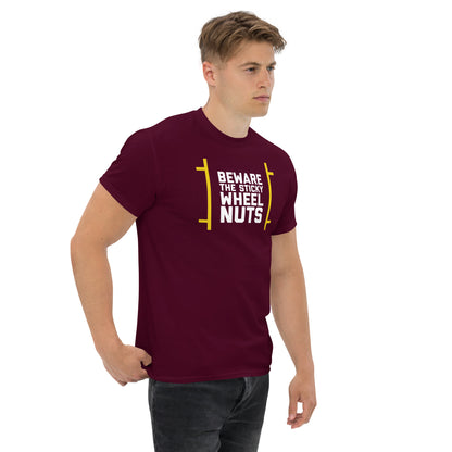 Beware the Sticky Wheel Nuts type on maroon t-shirt, front view on male model