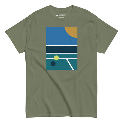 minimalist pickleball court scene on military green t-shirt, front view on white background