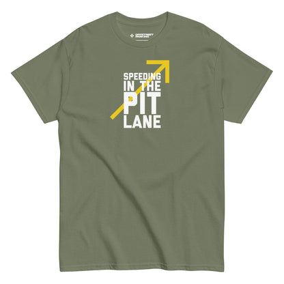 Race Day collection with Speeding In The Pit Lane type on military green t-shirt on white background