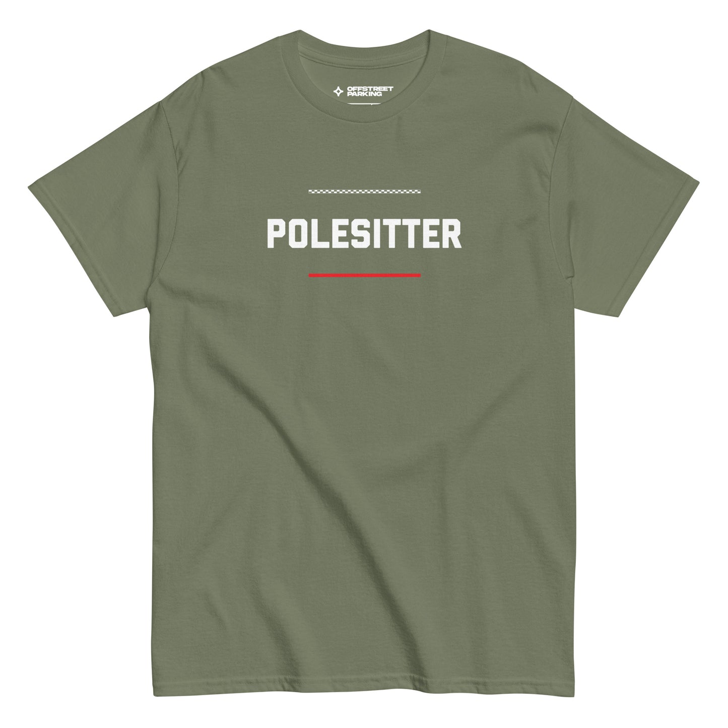 Polesitter text on military green t-shirt, front view on white background