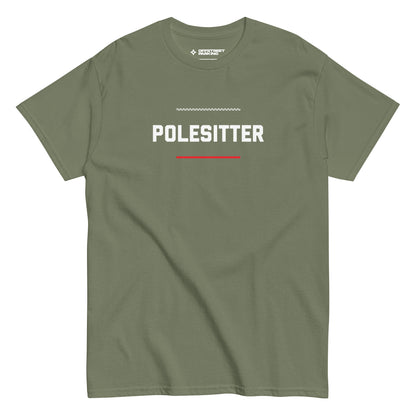 Polesitter text on military green t-shirt, front view on white background