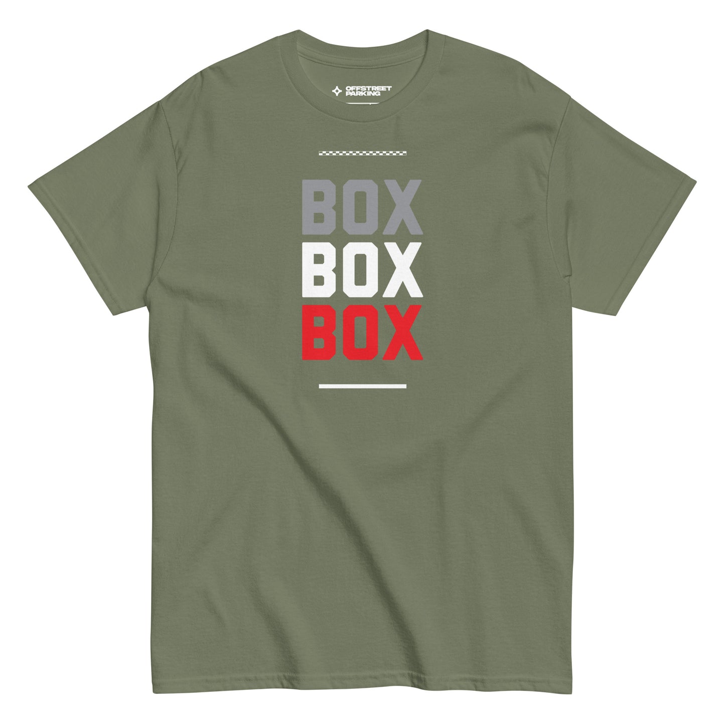 Race Day collection with Box Box Box type on military green t-shirt on white background