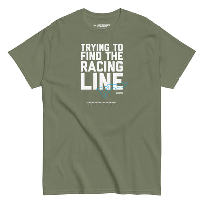 Race Day collection with Trying To Find The Racing Line Austin type and race track graphic on military green t-shirt on white background