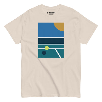 minimalist pickleball court scene on beige t-shirt, front view on white background