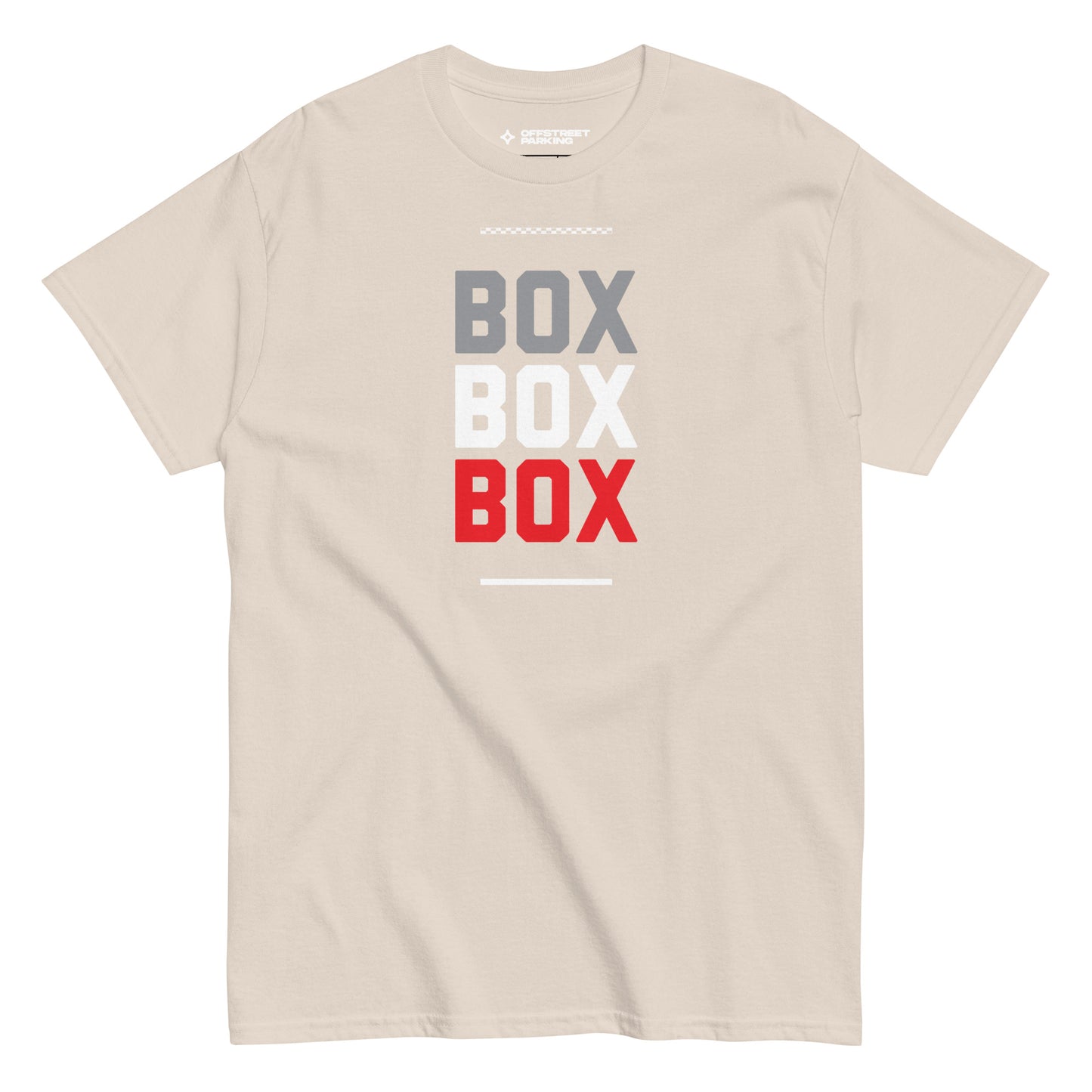 Race Day collection with Box Box Box type on sand t-shirt on white background