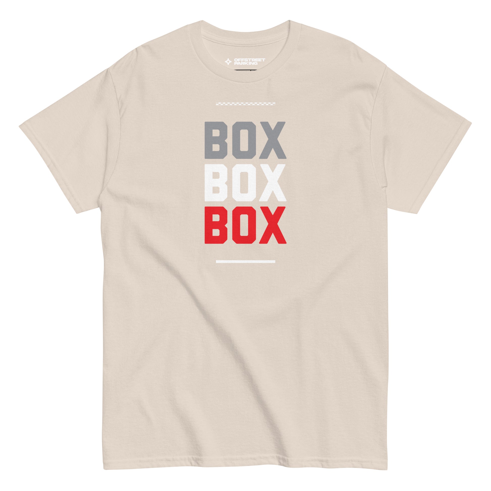 Race Day collection with Box Box Box type on sand t-shirt on white background