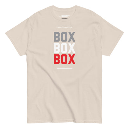 Race Day collection with Box Box Box type on sand t-shirt on white background