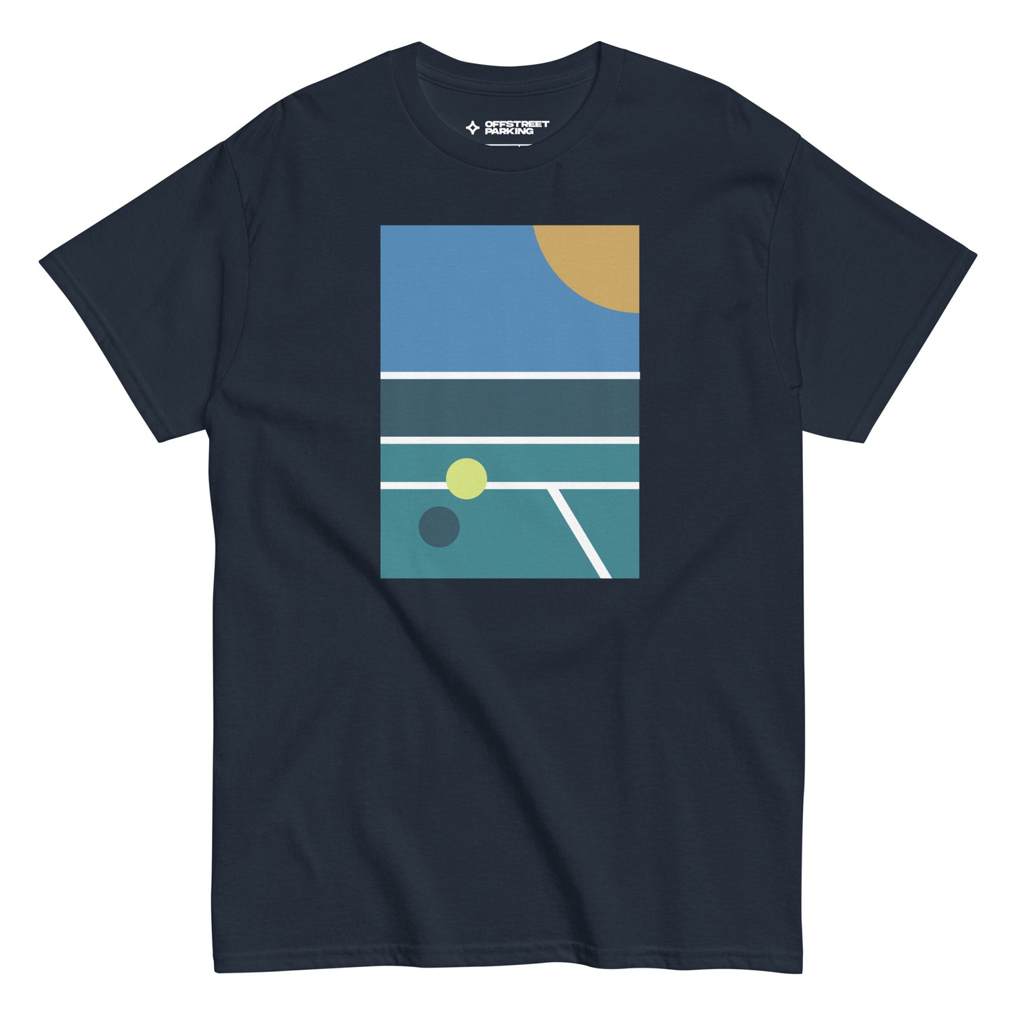 minimalist pickleball court scene on navy t-shirt, front view on white background