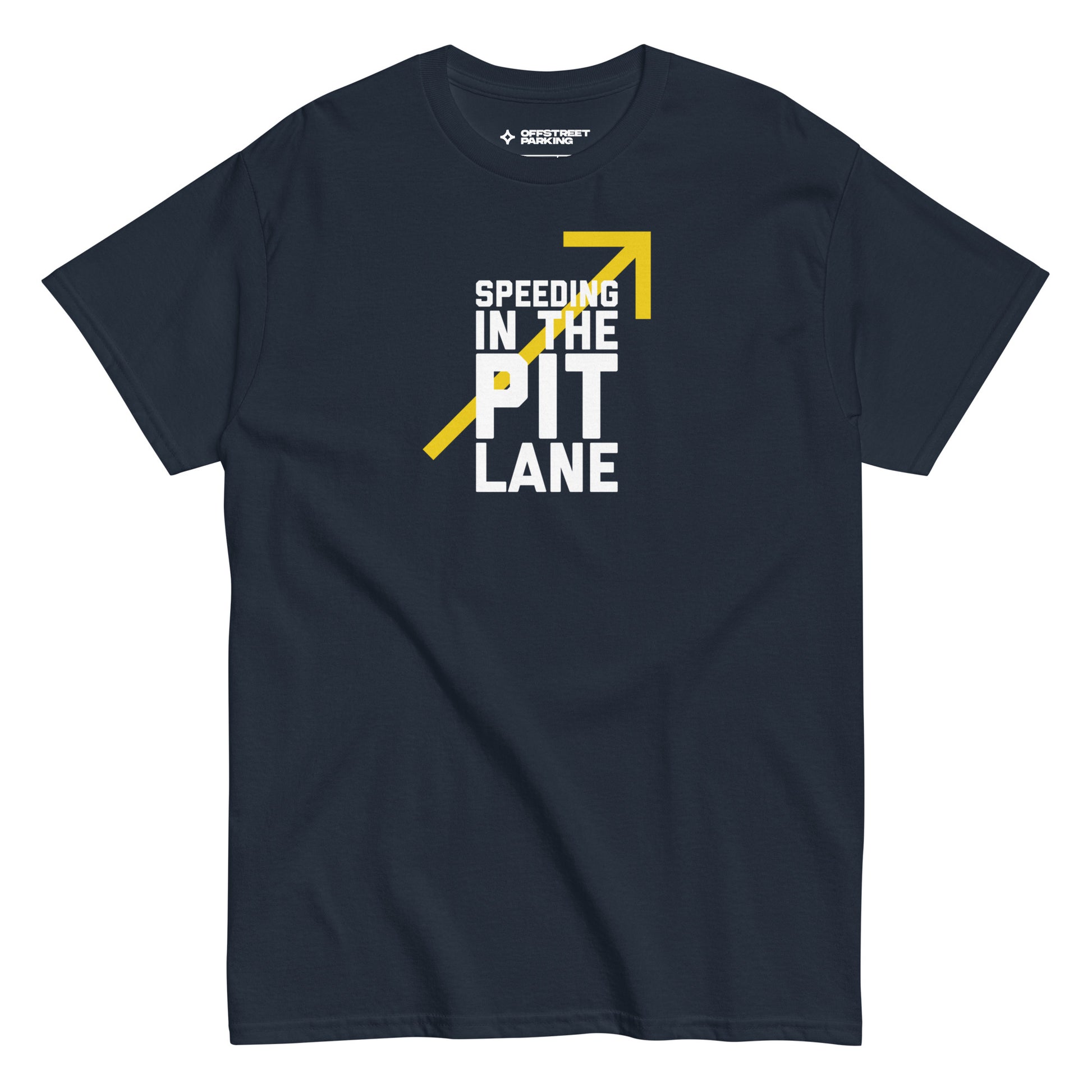 Race Day collection with Speeding In The Pit Lane type on navy t-shirt on white background