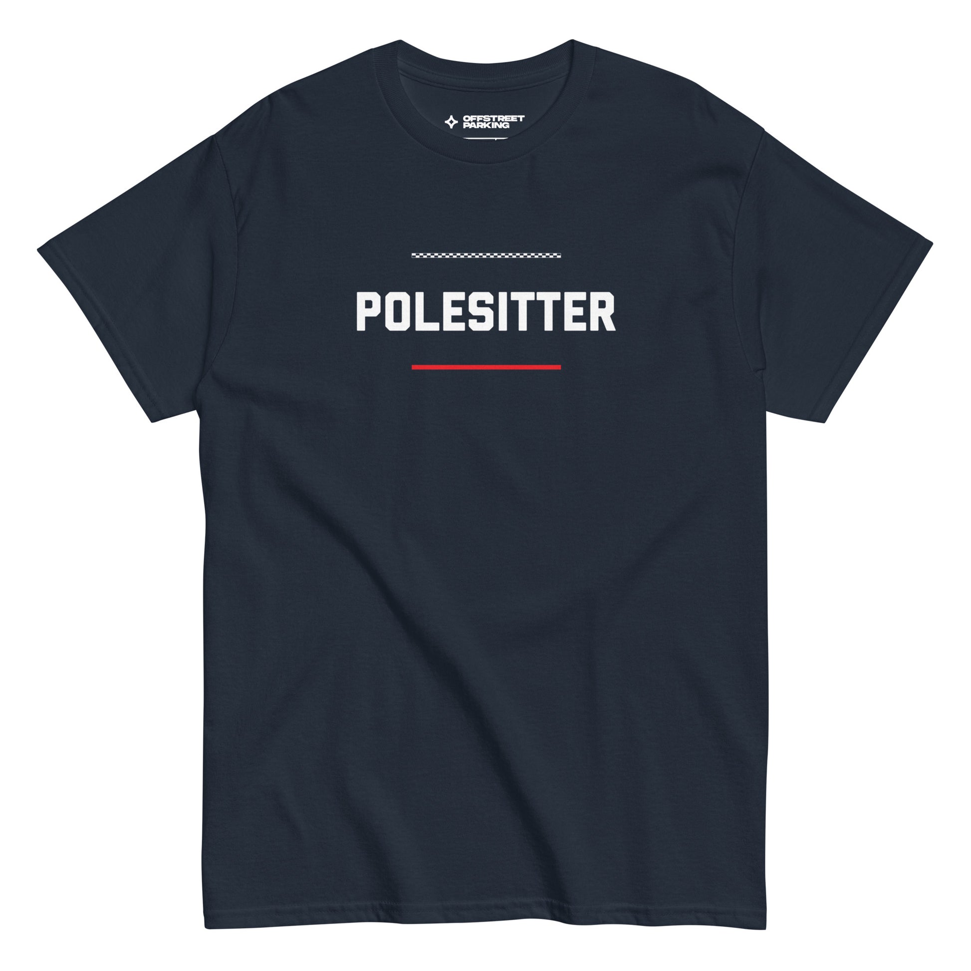 Polesitter text on navy t-shirt, front view on white background