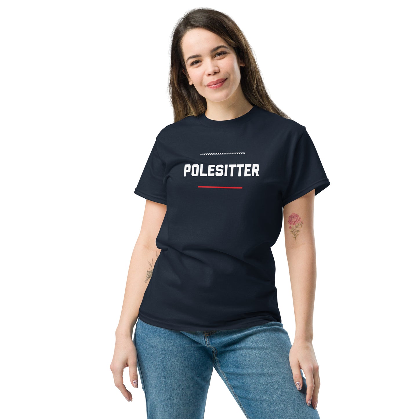 Polesitter text on navy t-shirt, front view on female model